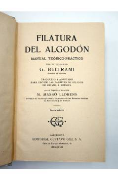 Contracubierta de FILATURA DEL ALGODÓN. MANUAL TEÓRICO PRÁCTICO (G. Beltrami) Gustavo Gili 1947