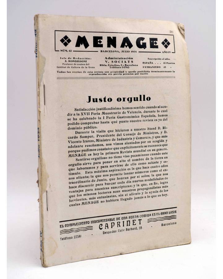 Cubierta de MENAGE REVISTA DE COCINA 42. 2ª ÉPOCA. AÑO IV (Vvaa) Revista Menage 1934