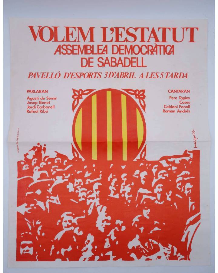 Cubierta de CARTEL VOLEM L'ESTATUT. ASSEMBLEA DEMOCRÀTICA DE SABADELL.. 43X53 CM. TRANSICIÓN ESPAÑOLA. Sabadell 1977