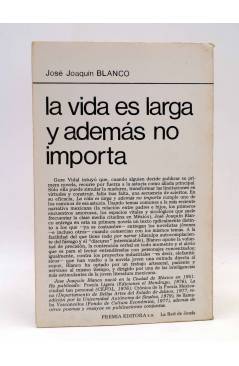 Contracubierta de LA RED DE JONAS. LA VIDA ES LARGA Y ADEMÁS NO IMPORTA (José Joaquín Blanco) Premia 1980