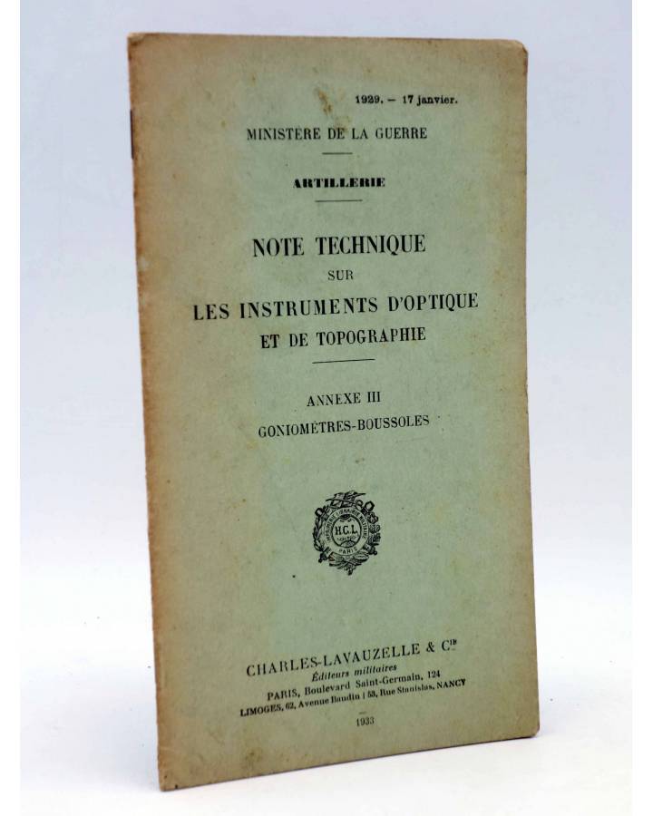 Cubierta de NOTE TECHNIQUE SUR LES INSTRUMENTS D'OPTIQUE ET DE TOPOGRAPHIE ANNEXE III. No acreditada 1933
