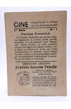 Contracubierta de CROMO CINE. COLECCIÓN DE 19 ARTISTAS DE FAMA MUNDIAL 2ª serie nº 1. PAULINE FREDERICK Circa 1930