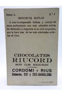 Contracubierta de CROMO GALERÍA CINEMATOGRÁFICA Serie A nº 2. HUGUETTE DUFLOS. Chocolates Riucord Circa 1930