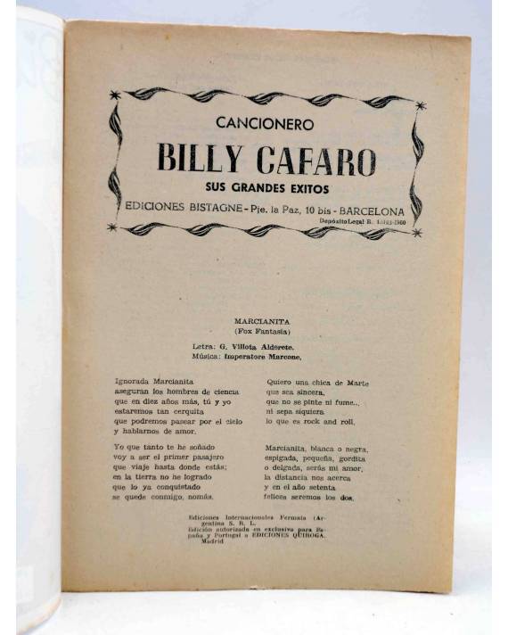 CANCIONERO BILLY CAFARO SUS GRANDES ÉXITOS Bistagne 1960  