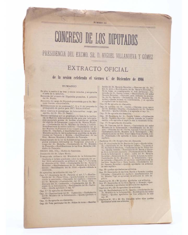 Cubierta de CONGRESO DE LOS DIPUTADOS EXTRACTO OFICIAL Nº 104. Sesión Viernes 1 Diciembre de 1916. Madrid 1916