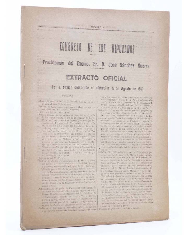 Cubierta de CONGRESO DE LOS DIPUTADOS EXTRACTO OFICIAL Nº 25. Sesión Miércoles 6 Agosto de 1919. Madrid 1919