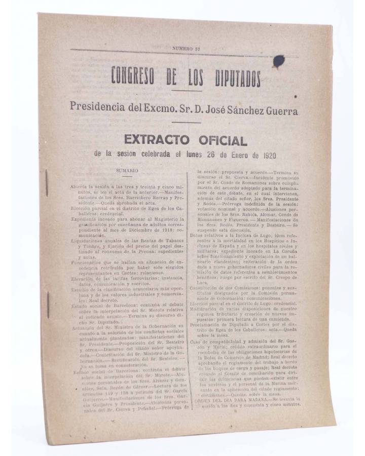 Cubierta de CONGRESO DE LOS DIPUTADOS EXTRACTO OFICIAL Nº 57. Sesión del Lunes 26 de Enero de 1920. Madrid 1920