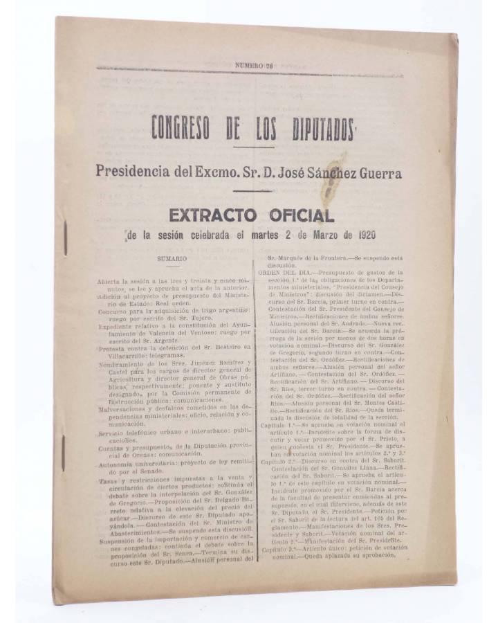 Cubierta de CONGRESO DE LOS DIPUTADOS EXTRACTO OFICIAL Nº 78. Sesión del Martes 2 de Marzo de 1920. Madrid 1920