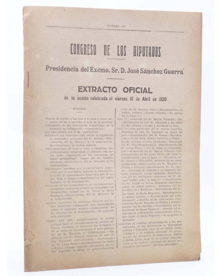 Cubierta de CONGRESO DE LOS DIPUTADOS EXTRACTO OFICIAL Nº 107. Sesión Viernes 16 Abril de 1920. Madrid 1920