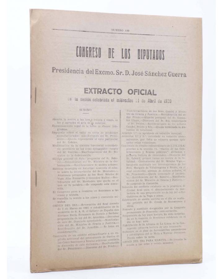 Cubierta de CONGRESO DE LOS DIPUTADOS EXTRACTO OFICIAL Nº 109. Sesión Miércoles 21 Abril de 1920. Madrid 1920