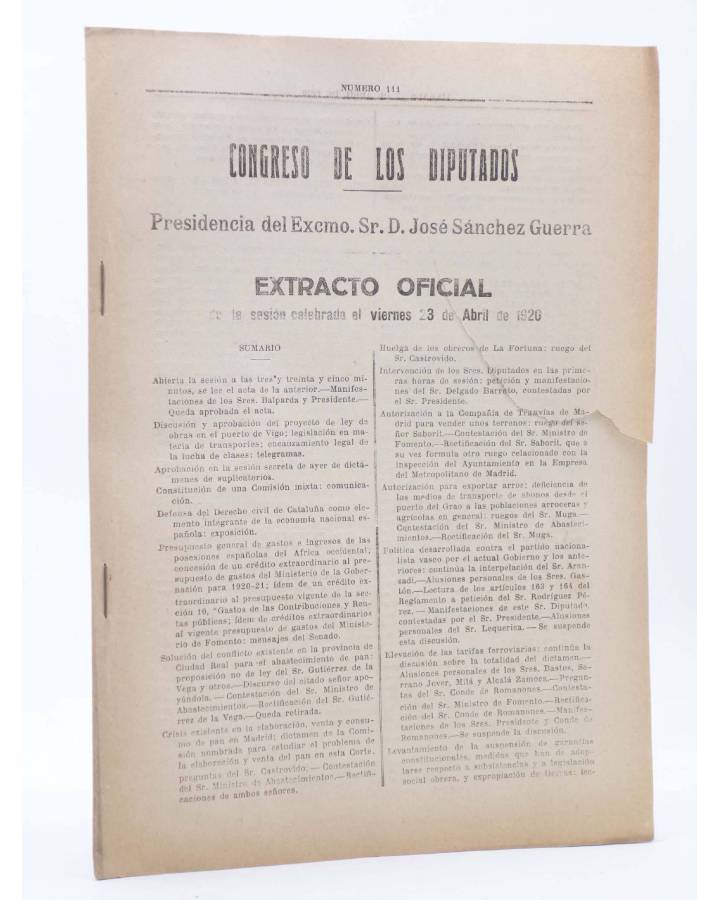 Cubierta de CONGRESO DE LOS DIPUTADOS EXTRACTO OFICIAL Nº 111. Sesión Viernes 23 Abril de 1920. Madrid 1920