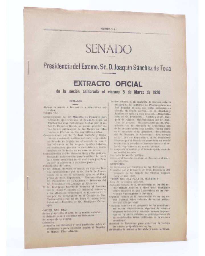 Cubierta de SENADO EXTRACTO OFICIAL Nº 81. Sesión del Viernes 5 de Marzo de 1920. Madrid 1920