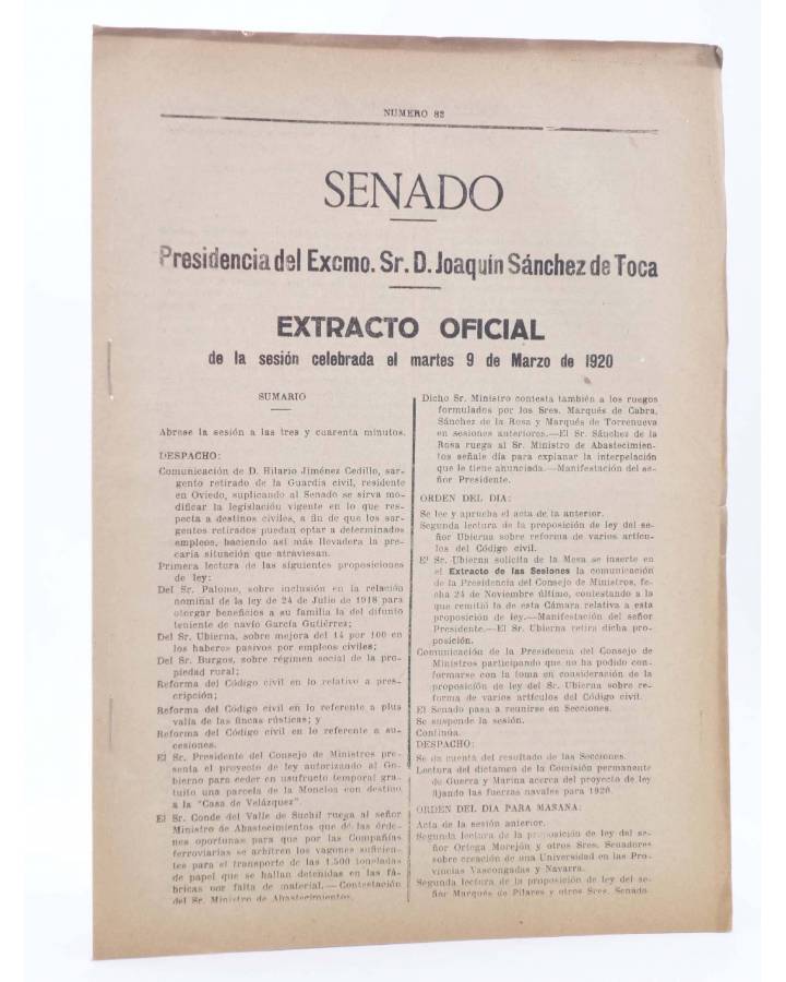 Cubierta de SENADO EXTRACTO OFICIAL Nº 82. Sesión del Martes 9 de Marzo de 1920. Madrid 1920