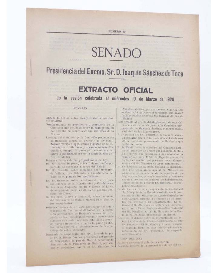 Cubierta de SENADO EXTRACTO OFICIAL Nº 83. Sesión del Miércoles 10 de Marzo de 1920. Madrid 1920