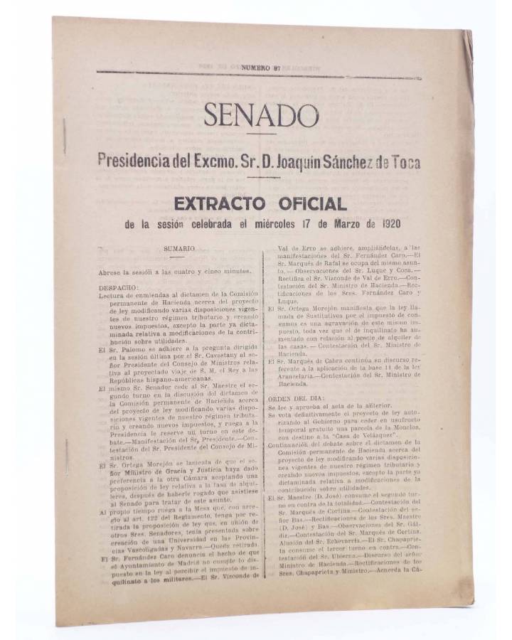 Cubierta de SENADO EXTRACTO OFICIAL Nº 87. Sesión del Miércoles 17 de Marzo de 1920. Madrid 1920