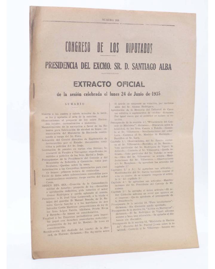 Cubierta de CONGRESO DE LOS DIPUTADOS EXTRACTO OFICIAL Nº 209. Sesión Lunes 24 Junio de 1935. Madrid 1935