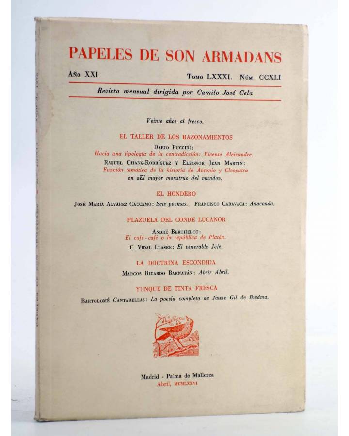 Cubierta de Revista PAPELES DE SON ARMADANS Tomo 81. Núm. 241. Abril de 1976 (Dirigida Por Camilo José Cela) Palma de Ma