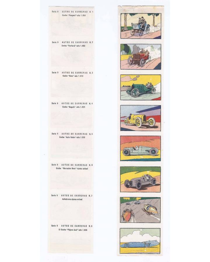 Cubierta de Serie 9 AUTOS DE CARRERAS. COMPLETA. 8 CROMOS EN UNA TIRA Circa 1960
