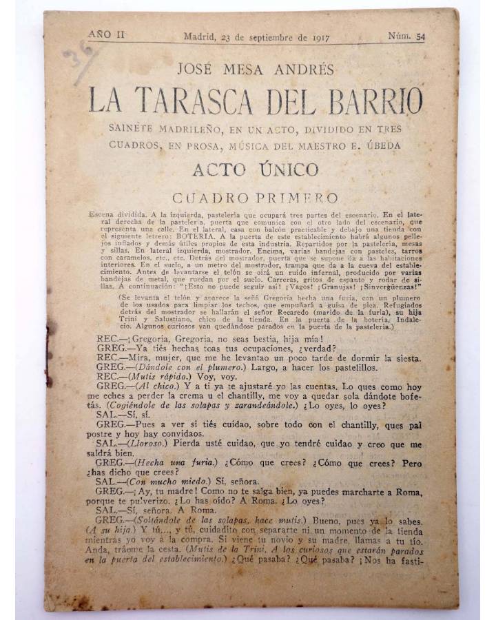 Cubierta de LA NOVELA CÓMICA 54. LA TARASCA DEL BARRIO (José Mesa Andrés) Madrid 1917