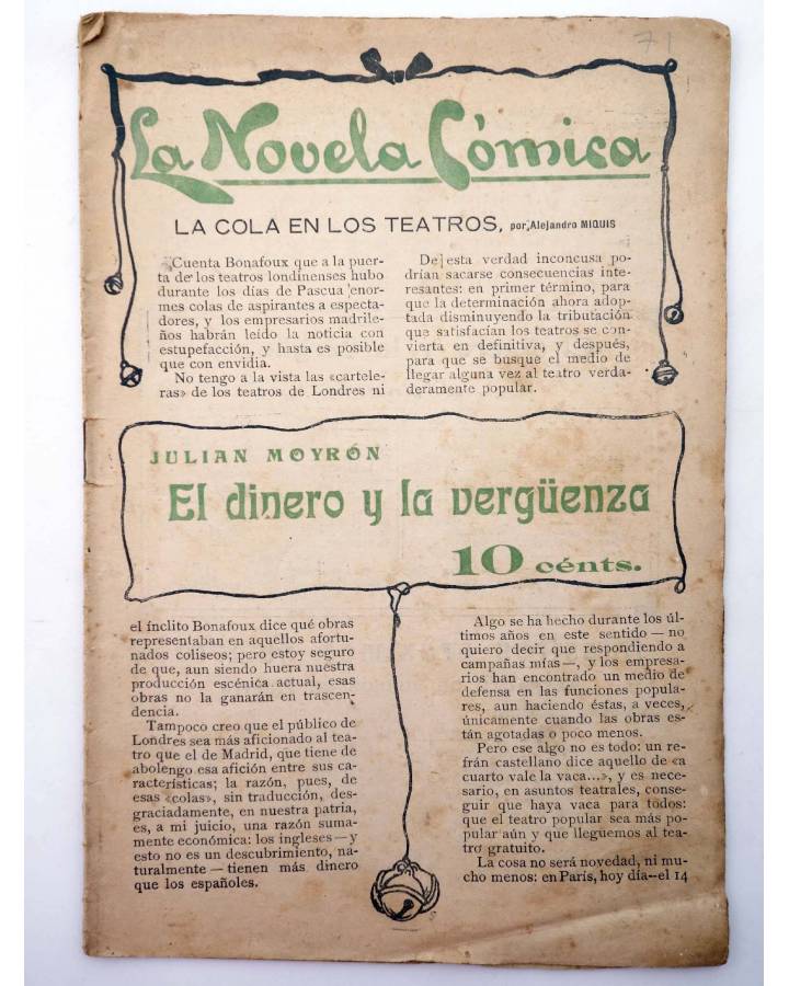 Cubierta de LA NOVELA CÓMICA 71. EL DINERO Y LA VERGÜENZA (Julián Moyron) Madrid 1918