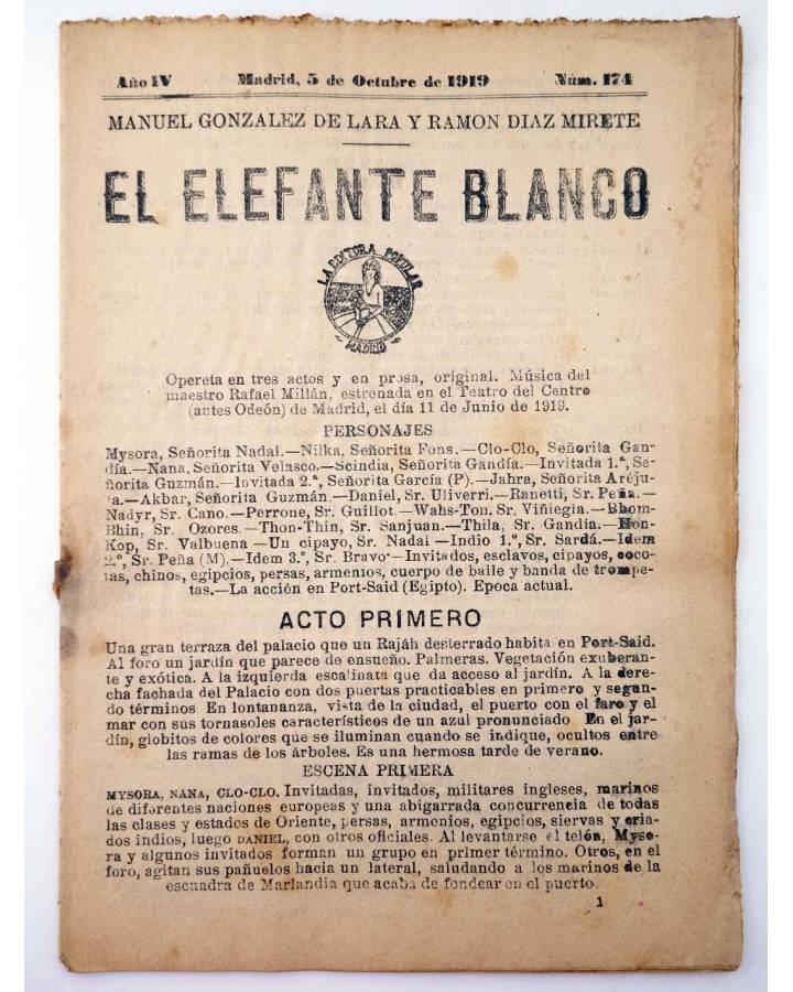 Cubierta de LA NOVELA CÓMICA 174. EL ELEFANTE BLANCO (Manuel González De Lara / Ramón Díaz Mirete) Madrid 1919