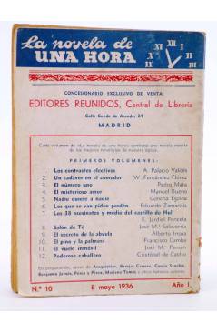 Contracubierta de LA NOVELA DE UNA HORA 10. EL PINO Y LA PALMERA (Francisco Camba) Reunidos 1936
