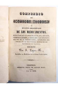 Muestra 1 de COMPENDIO DE MATERIA MÉDICA O SUCINTA DESCRIPCIÓN DE LOS MEDICAMENTOS (J. López M.) Agustín Blat 1842