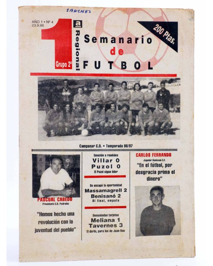 Cubierta de SEMANARIO DE FUTBOL 1ª REGIONAL GRUPO 2º 4 (Vvaa) Burjassot 1996