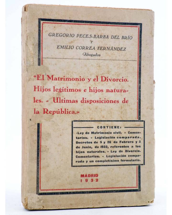 Cubierta de EL MATRIMONIO Y EL DIVORCIO (Peces Barba Del Río / Correa Fernández) J. Murillo 1932