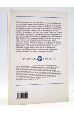 Contracubierta de LITERATURA Y SOCIEDAD 72. CORRESPONDENCIA A LA GENERACIÓN DEL 27. 1928-1984 (Vicente Aleixandre) Casta