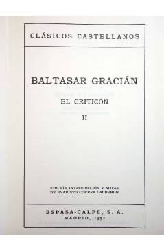 Muestra 3 de CLÁSICOS CASTELLANOS 165 166. EL CRITICÓN I Y II (Baltasar Gracián) Espasa Calpe 1971