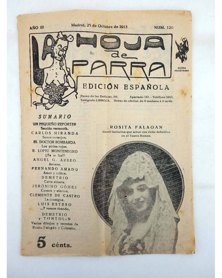 Cubierta de LA HOJA DE PARRA 126. REVISTA FESTIVA. ROSITA FALAGAN. 25 OCTUBRE 1913 (Vvaa) La Hoja de Parra 1913