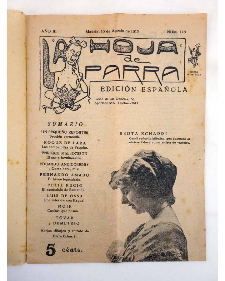 Cubierta de LA HOJA DE PARRA 116. REVISTA FESTIVA. BERTA ECHARRI. 16 AGOSTO 1913 (Vvaa) La Hoja de Parra 1913