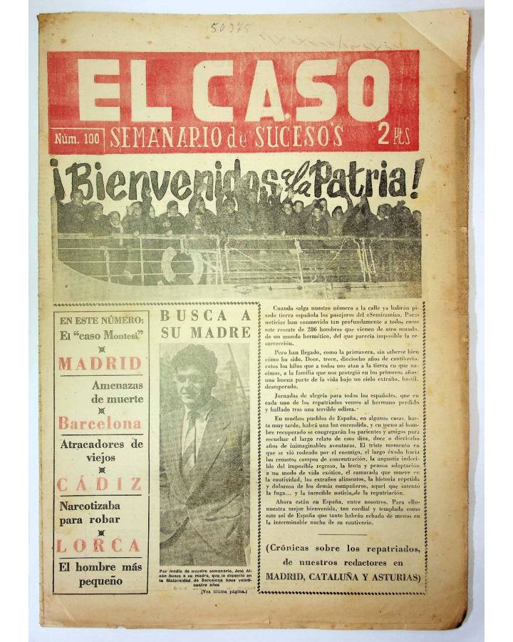 Cubierta de EL CASO. SEMANARIO DE SUCESOS 100. 4 DE ABRIL DE 1954. INCOMPLETO (Vvaa) Prensa Castellana 1954
