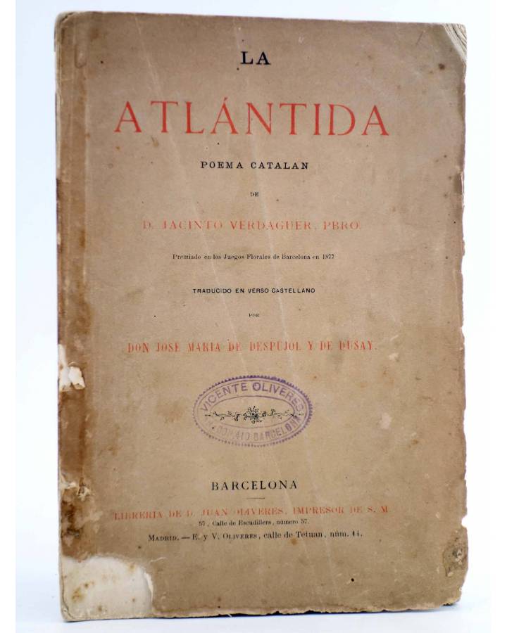 Cubierta de LA ATLÁNTIDA. POEMA CATALÁN (Jacinto Verdaguer Pbro.) Juan Oliveres Circa 1877
