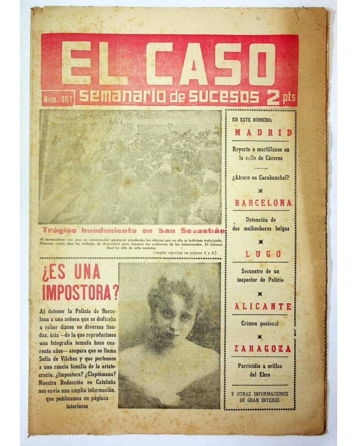 Cubierta de EL CASO. SEMANARIO DE SUCESOS 301. 8 DE FEBRERO DE 1958 (Vvaa) Prensa Castellana 1958