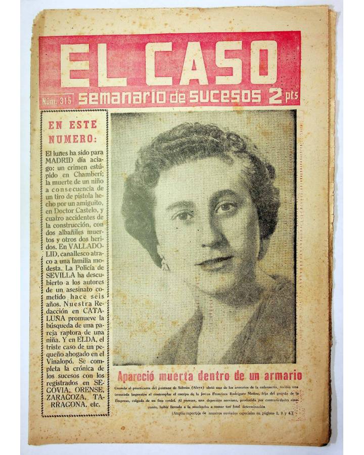 Cubierta de EL CASO. SEMANARIO DE SUCESOS 315. 17 DE MAYO DE 1958 (Vvaa) Prensa Castellana 1958
