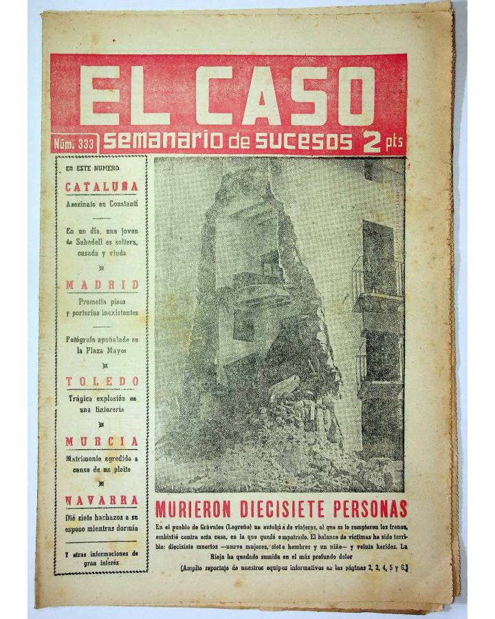 Cubierta de EL CASO. SEMANARIO DE SUCESOS 333. 20 DE SEPTIEMBRE DE 1958 (Vvaa) Prensa Castellana 1958