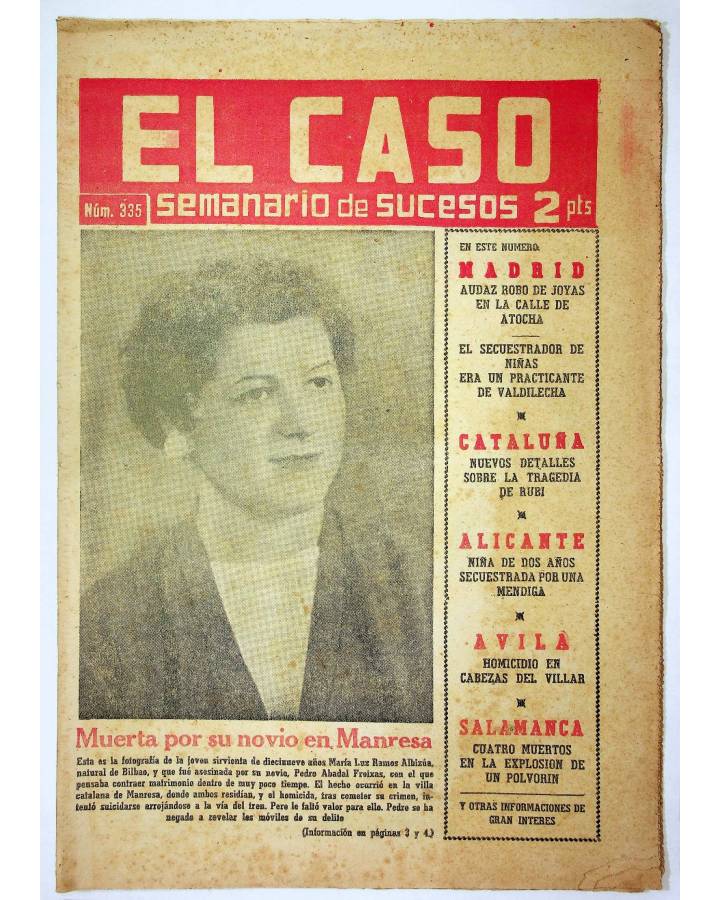 Cubierta de EL CASO. SEMANARIO DE SUCESOS 335. 4 DE OCTUBRE DE 1958 (Vvaa) Prensa Castellana 1958