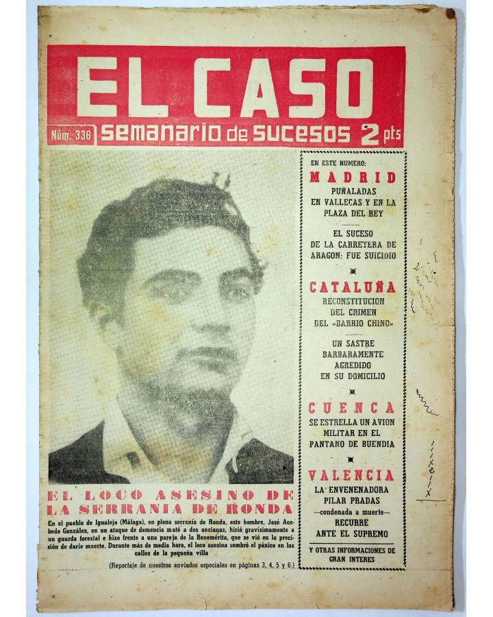 Cubierta de EL CASO. SEMANARIO DE SUCESOS 336. 11 DE OCTUBRE DE 1958 (Vvaa) Prensa Castellana 1958