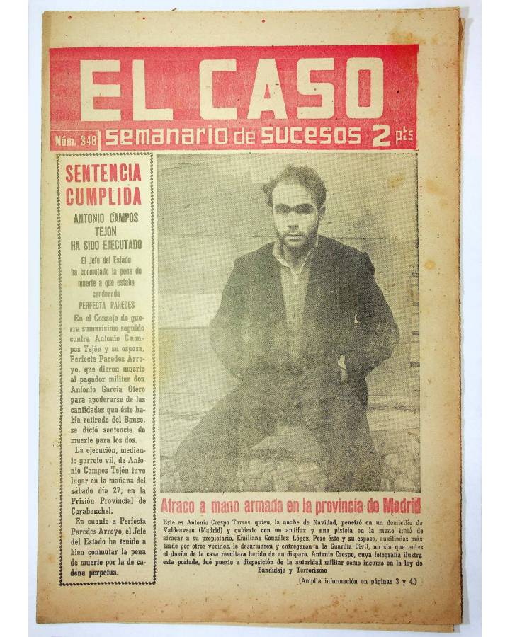 Cubierta de EL CASO. SEMANARIO DE SUCESOS 348. 3 DE ENERO DE 1959 (Vvaa) Prensa Castellana 1959