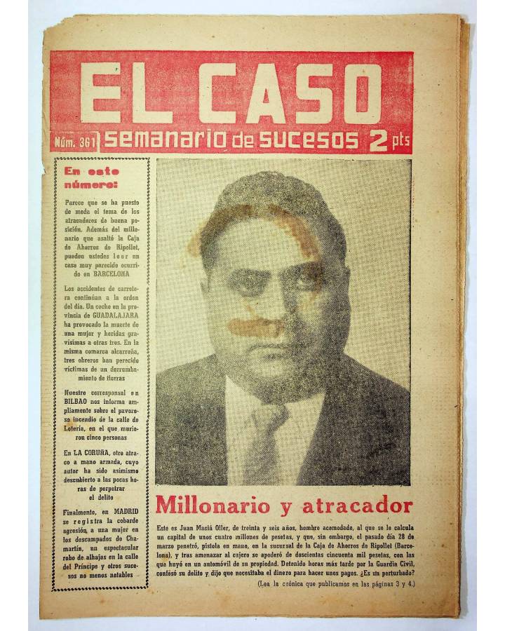Cubierta de EL CASO. SEMANARIO DE SUCESOS 361. 4 DE ABRIL DE 1959 (Vvaa) Prensa Castellana 1959