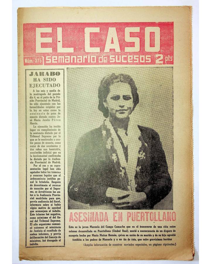 Cubierta de EL CASO. SEMANARIO DE SUCESOS 375. 11 DE JULIO DE 1959. INCOMPLETO (Vvaa) Prensa Castellana 1959