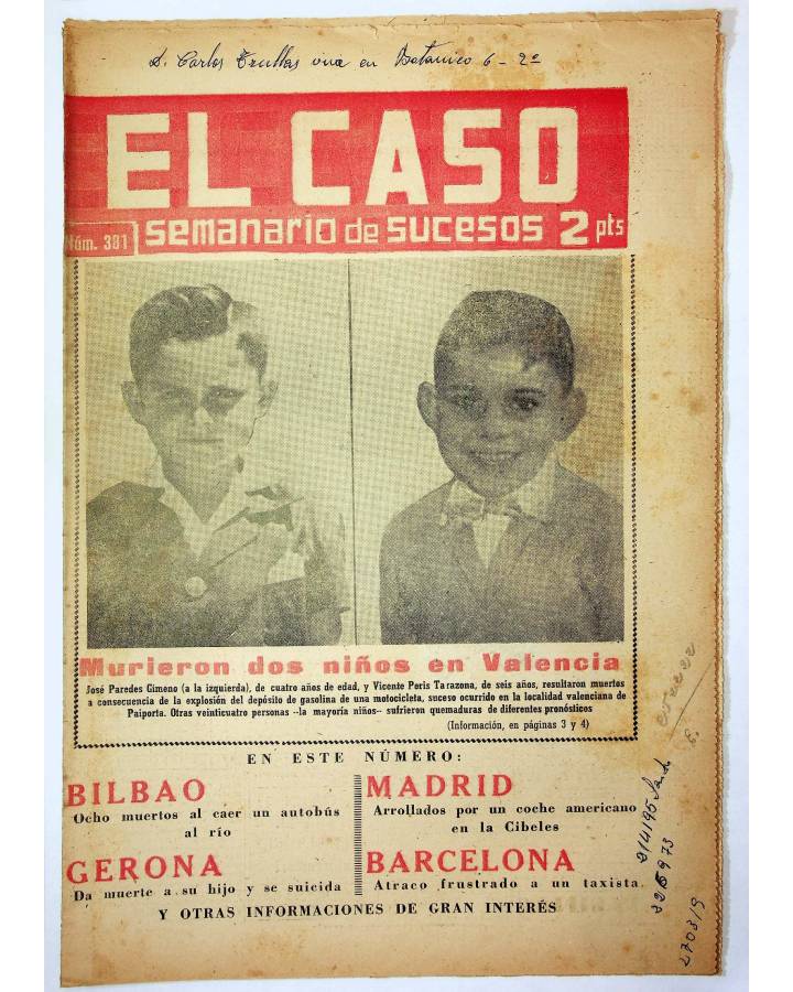 Cubierta de EL CASO. SEMANARIO DE SUCESOS 381. 22 DE AGOSTO DE 1959 (Vvaa) Prensa Castellana 1959