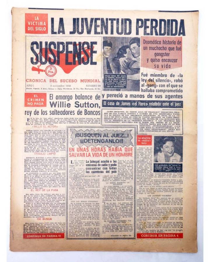 Cubierta de SUSPENSE. CRÓNICA DEL SUCESO MUNDIAL 20. AÑO I.- 8 de noviembre de 1958 (Vvaa) Diario España 1958