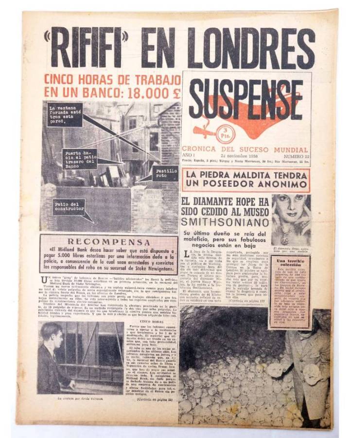 Cubierta de SUSPENSE. CRÓNICA DEL SUCESO MUNDIAL 22. AÑO I.- 22 de noviembre de 1958 (Vvaa) Diario España 1958