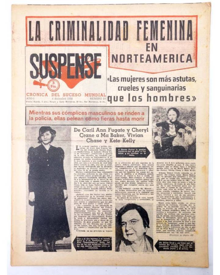 Cubierta de SUSPENSE. CRÓNICA DEL SUCESO MUNDIAL 24. AÑO I.- 6 de diciembre de 1958 (Vvaa) Diario España 1958