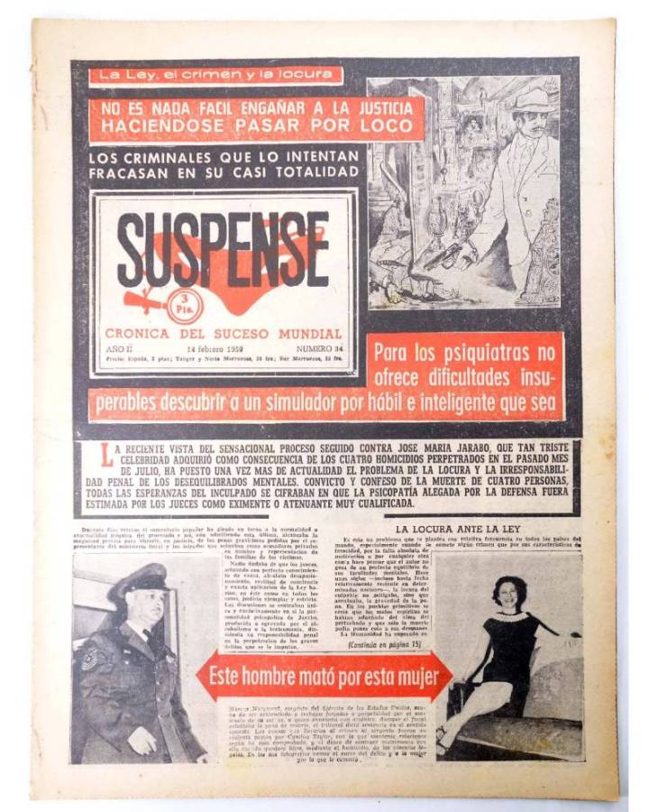 Cubierta de SUSPENSE. CRÓNICA DEL SUCESO MUNDIAL 34. AÑO II.- 14 de febrero de 1959 (Vvaa) Diario España 1959