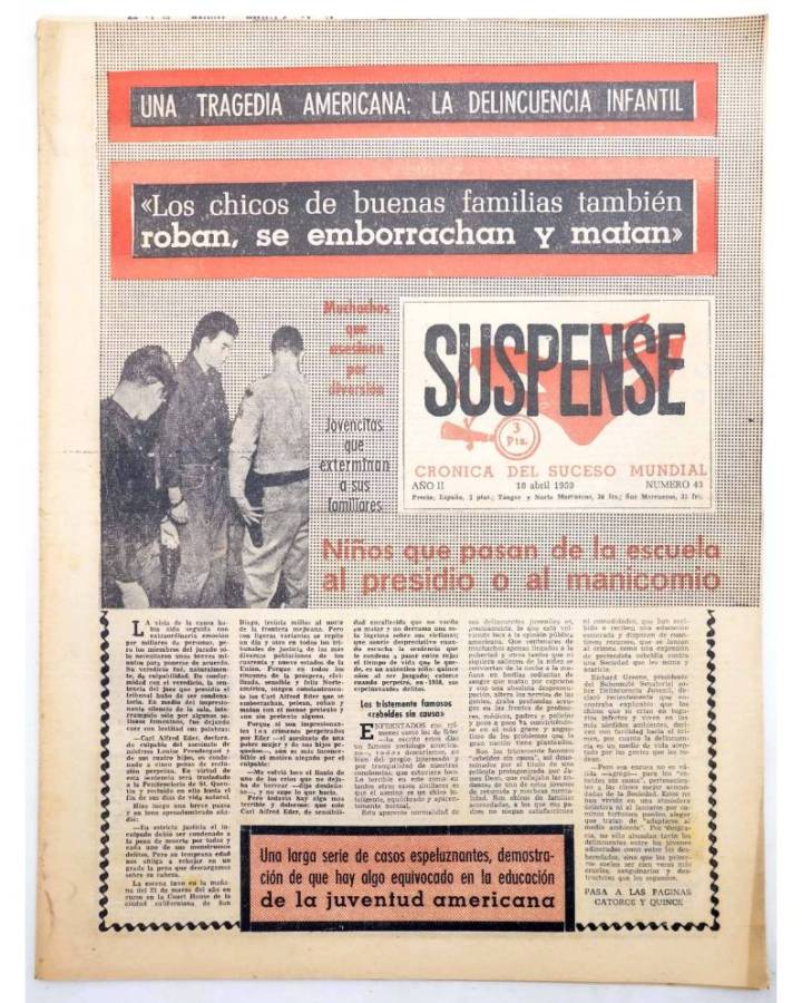 Cubierta de SUSPENSE. CRÓNICA DEL SUCESO MUNDIAL 43. AÑO II.- 18 de abril de 1959 (Vvaa) Diario España 1959