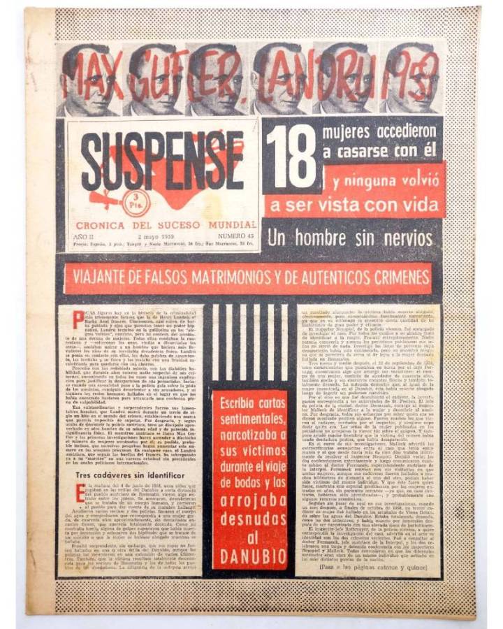 Cubierta de SUSPENSE. CRÓNICA DEL SUCESO MUNDIAL 45. AÑO II.- 2 de mayo de 1959 (Vvaa) Diario España 1959